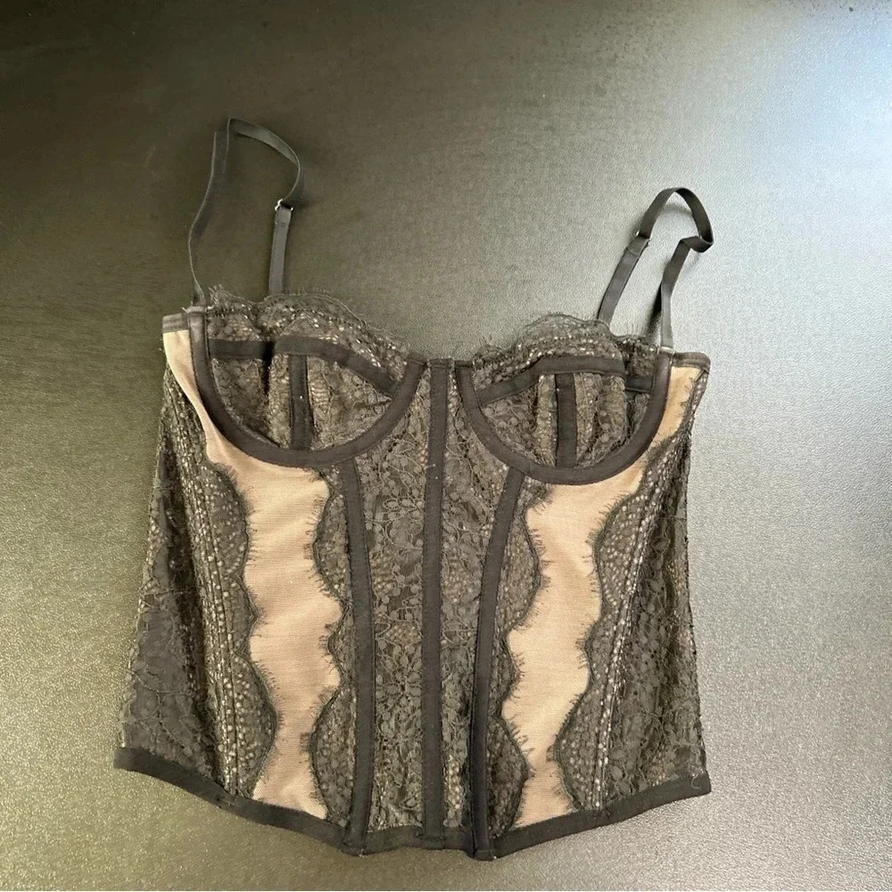 Women’s Small Corset Black Taupe‎ Boned Lace Dark Romantic Coquette Clubwear